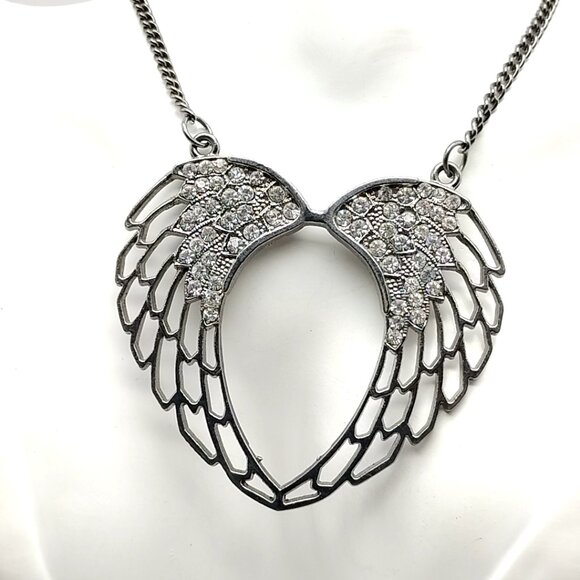 Rhinestone Angel Wing Open Heart Necklace Silver Tone Statement Pendant Chain - Picture 16 of 16
